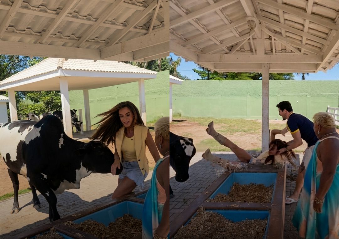 Boi reage a show de Patixa Teló e derruba Nicole Bahls em bebedouro